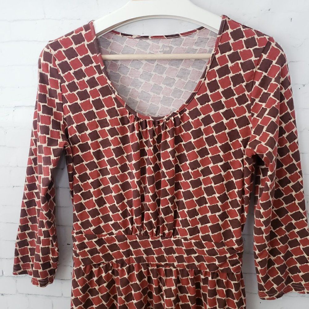 Garnet Hill Cotton Rust Brown Geometric Scoop Neck Dress 3/4 Sleeve Small Fall - Picture 3 of 7